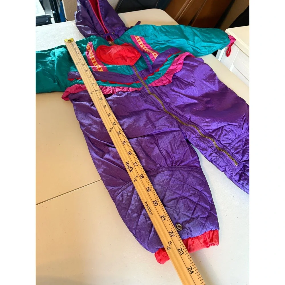 Vintage‎ Kids Purple Teal Heart Ruffle Hooded Snowsuit Bunting with Mittens 80s